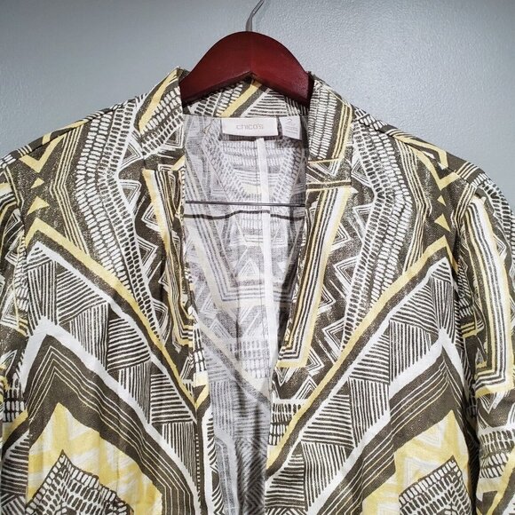 Chicos Women's Yellow Gray Shimmer Heidi Geometric Print Jacket Linen Blend Sz 2 - Picture 4 of 13